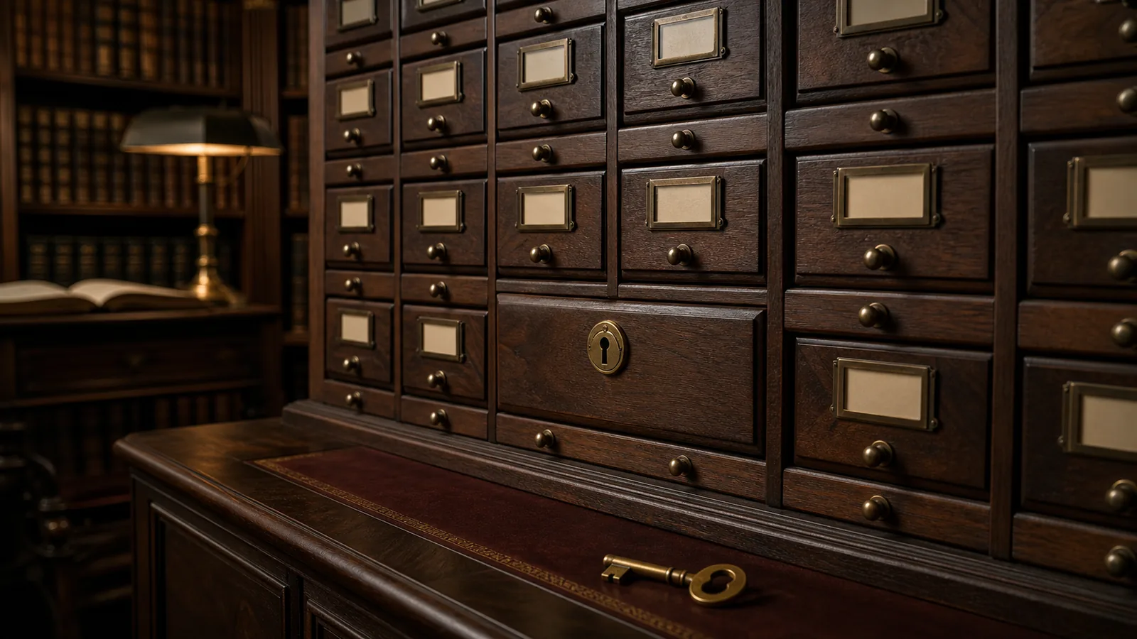 Archivio in legno con serratura e chiave in ottone